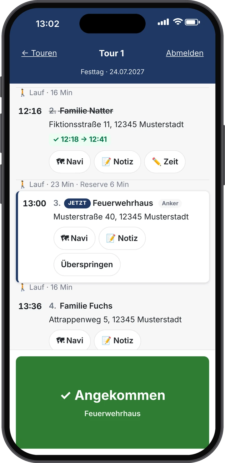 Fahrer-App auf dem iPhone: Halte mit Uhrzeit, Adresse und Knöpfen für Navigation und Ankunft